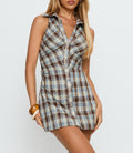 Sleeveless Collared Checkered Ruched Shirt Mini Dress