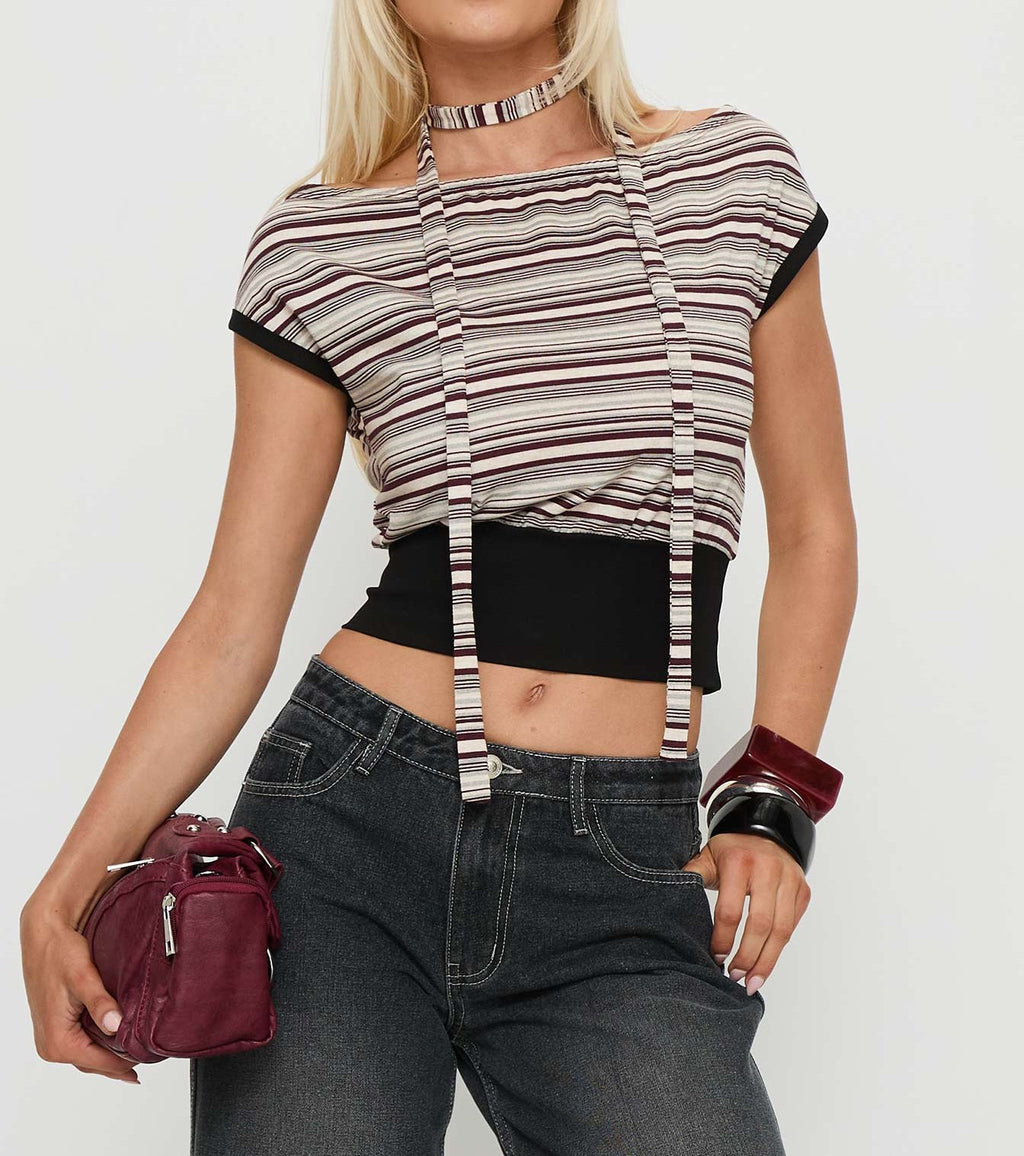 Stripe Off‑Shoulder Scarf Tie Detail Cropped Knit Top