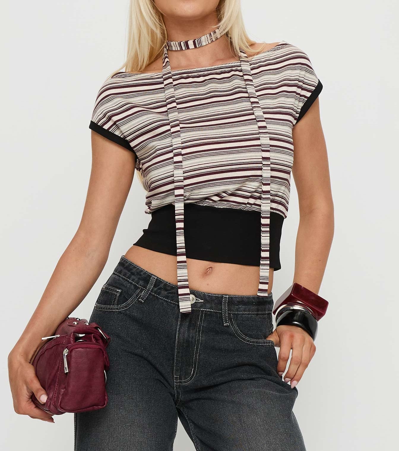 Stripe Off‑Shoulder Scarf Tie Detail Cropped Knit Top