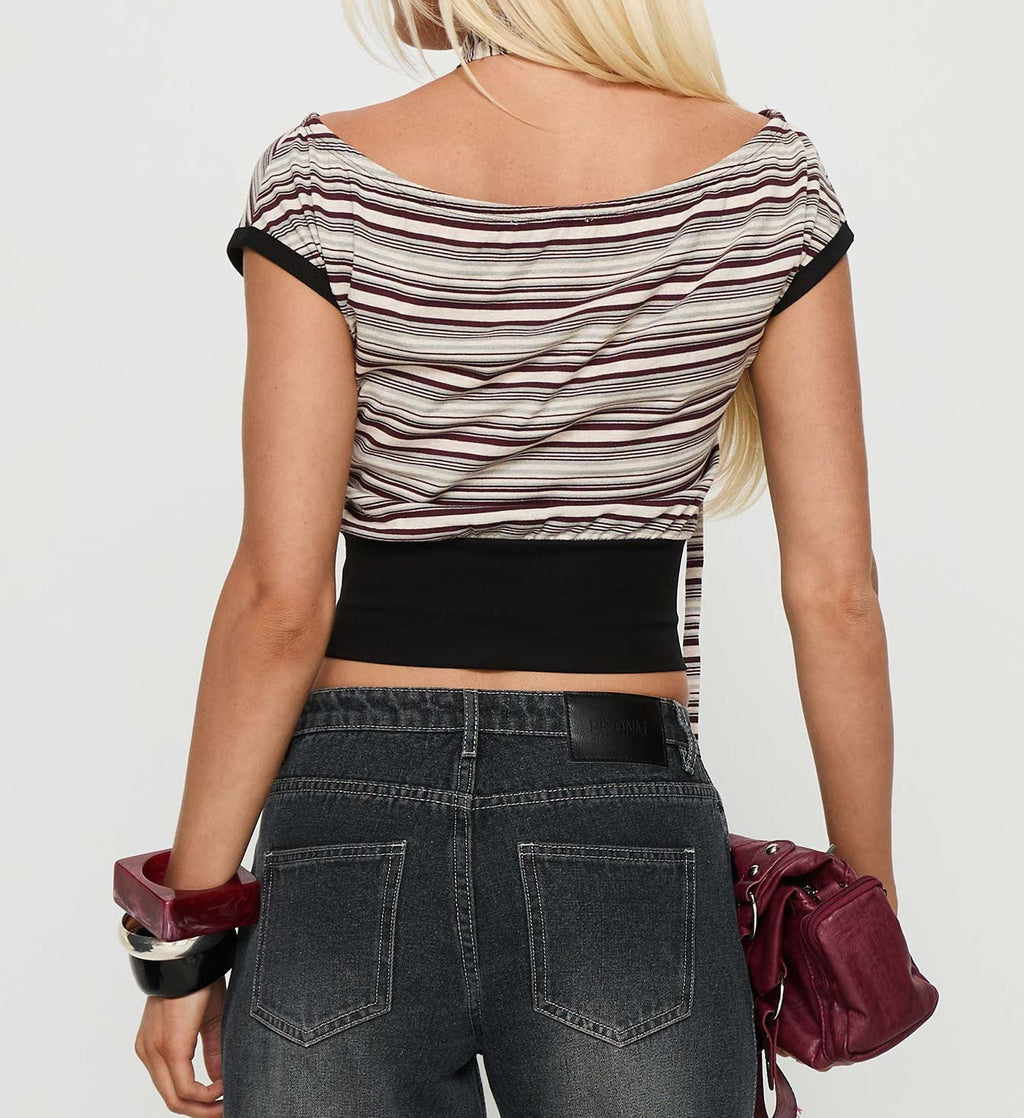 Stripe Off‑Shoulder Scarf Tie Detail Cropped Knit Top