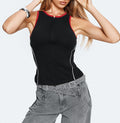 Black Contrast Trim Zip‑Front Sleeveless Knit Crop Top
