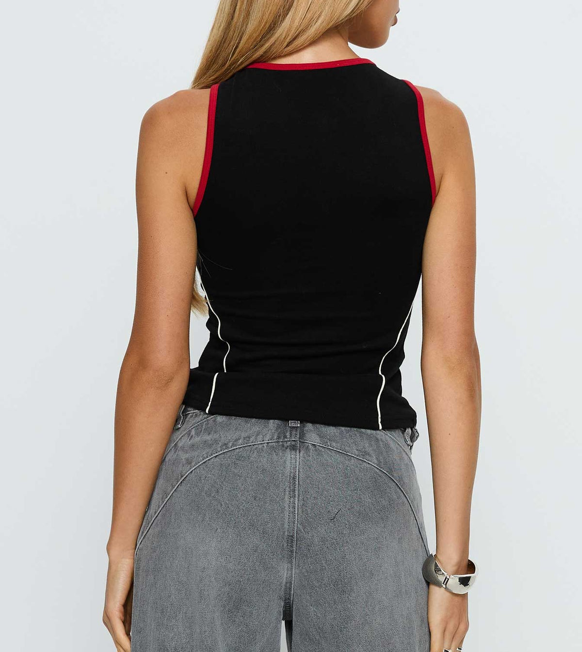 Black Contrast Trim Zip‑Front Sleeveless Knit Crop Top